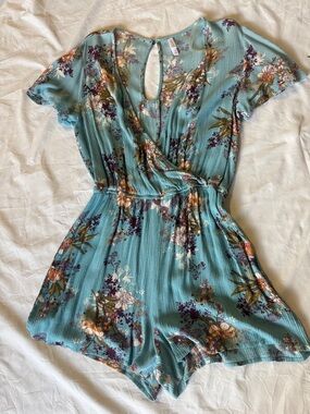Xhilaration Teal Floral Short Sleeve Romper